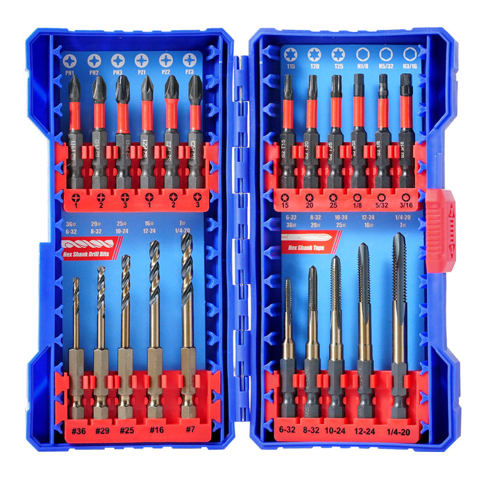 22pc Hex Shank Drill and Tap Set for Metal - Impact Ready | Includes 6-32UNC to 1/4-20UNC Thread Taps | Combination Tap and Drill Bit | DIY & Professional Use