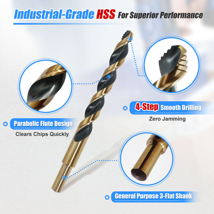 HIGHFIRE 29 Piece HSS Stepped Point Drill Bit Set 1/16"-1/2", Gold and Black 3-Flat Shank for Metal, Steel & Acrylic - No Pilot Hole Needed - Industrial, MRO & DIY Use
