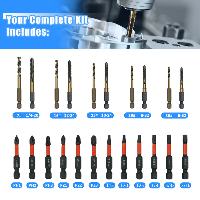 22pc Hex Shank Drill and Tap Set for Metal - Impact Ready | Includes 6-32UNC to 1/4-20UNC Thread Taps | Combination Tap and Drill Bit | DIY & Professional Use